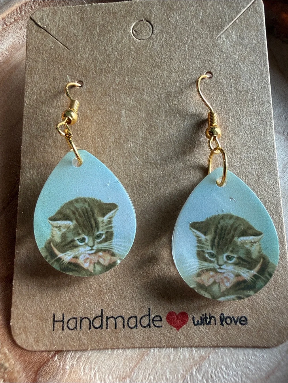 Handmade Blue Kitten Teardrop Cat Earrings - Handmade